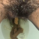 From under the toilet, a very cute girl pushes out a log that hangs and drops, followed by the product. Filmed from a between the legs perspective. Vertical format video. About a minute.